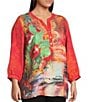 Calessa Plus Size Autumn Patchwork Partial Button-Front Placket Bracelet Sleeve Tunic, Color:Crimson Multi - Image 3