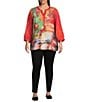 Calessa Plus Size Autumn Patchwork Partial Button-Front Placket Bracelet Sleeve Tunic, Color:Crimson Multi - Image 5