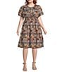Calessa Plus Size Blue Multi Patchwork Split V-Neck Short Sleeve Smocked Waist Tiered A-Line Dress, Color:Blue Multi - Image 1