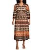 Calessa Plus Size Border Abstract Print V-Neck 3/4 Sleeve Tiered Midi Dress, Color:Rust Multi - Image 1