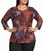 Calessa Plus Size Burnout Jacquard Tie Dye Knit Crew Neck 3/4 Sleeve Top - Image 1