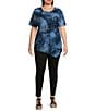 Calessa Plus Size Burnout Knit Round Neck Short Sleeve Asymmetric Hem Tunic, Color:Blue Multi - Image 3