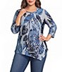 Calessa Plus Size Burnout Knit Tie-Dye Crew Neck 3/4 Sleeve Asymmetrical Hem Tunic - Image 1