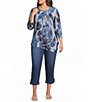Calessa Plus Size Burnout Knit Tie-Dye Crew Neck 3/4 Sleeve Asymmetrical Hem Tunic - Image 3