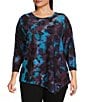 Calessa Plus Size Burnout Tie-Dye Butterfly Crew Neck 3/4 Sleeve Asymmetric Dipped Hem Tunic, Color:Blue Multi - Image 1