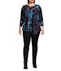 Calessa Plus Size Burnout Tie-Dye Butterfly Crew Neck 3/4 Sleeve Asymmetric Dipped Hem Tunic, Color:Blue Multi - Image 3