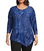 Calessa Plus Size Burnout Tie-Dye Crew Neck 3/4 Sleeve Asymmetric Hem Tunic - Image 1