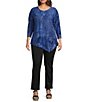 Calessa Plus Size Burnout Tie-Dye Crew Neck 3/4 Sleeve Asymmetric Hem Tunic - Image 3