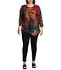 Calessa Plus Size Burnout Tie-Dye Crew Neck 3/4 Sleeve Asymmetric Tunic, Color:Crimson/Multi - Image 3