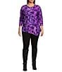 Calessa Plus Size Burnout Tie-Dye Knit Crew Neck 3/4 Sleeve Asymmetric Dipped Hem Tunic, Color:Purple Multi - Image 3