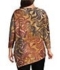 Calessa Plus Size Burnout Tie-Dye Printed Crew Neck 3/4 Sleeve Asymmetric Dipped Hem Tunic, Color:Camel Multi - Image 2