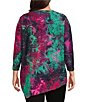 Calessa Plus Size Burnout Tie-Dye Knit Crew Neck 3/4 Sleeve Asymmetric Dipped Hem Tunic, Color:Fuchsia/Lime - Image 2