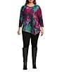 Calessa Plus Size Burnout Tie-Dye Knit Crew Neck 3/4 Sleeve Asymmetric Dipped Hem Tunic, Color:Fuchsia/Lime - Image 3