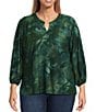 Calessa Plus Size Burnout Tie-Dye Split V-Neck Wrist Length Sleeve Tunic, Color:Turquoise Multi - Image 1