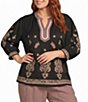 Calessa Plus Size Contrast Bib Stand Collar 3/4 Puff Sleeves Embroidered Tunic - Image 1