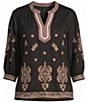 Calessa Plus Size Contrast Bib Stand Collar 3/4 Puff Sleeves Embroidered Tunic - Image 5