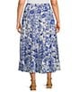 Calessa Plus Size Coordinating Antique Floral Print Embroidered Eyelet Hem Tiered Pull-On Skirt, Color:Blue/White - Image 2