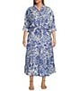 Calessa Plus Size Coordinating Antique Floral Print Embroidered Eyelet Hem Tiered Pull-On Skirt, Color:Blue/White - Image 3