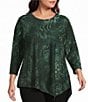 Calessa Plus Size Coordinating Jacquard Knit Burnout Round Neck 3/4 Sleeve Asymmetric Hem Top - Image 1