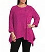 Calessa Plus Size Coordinating Textured Knit Stripe Round Neck Short Sleeve Asymmetric Tunic - Image 1