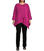Calessa Plus Size Coordinating Textured Knit Stripe Round Neck Short Sleeve Asymmetric Tunic - Image 3