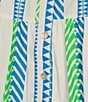 Color:Lime Multi - Image 3 - Plus Size Cotton Geometric Stripe Banded V-Neck 3/4 Bell Sleeve Dress