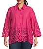 Color:Fuchsia - Image 1 - Plus Size Cotton Point Collar Bracelet Sleeve Embroidered Border Button-Front Tunic