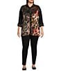 Calessa Plus Size Crinkle Burnout Patchwork Point Collar Long Roll-Tab Sleeve Button Front Tunic, Color:Rust Multi - Image 3