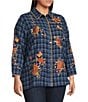 Calessa Plus Size Crinkle Embroidered Floral Point Collar Wrist Length Sleeve Button Front Shirt, Color:Navy Multi - Image 3