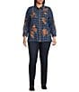 Calessa Plus Size Crinkle Embroidered Floral Point Collar Wrist Length Sleeve Button Front Shirt, Color:Navy Multi - Image 5
