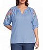 Calessa Plus Size Crinkle Split V-Neck Embroidered Puff Sleeve Tunic - Image 1