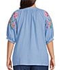 Calessa Plus Size Crinkle Split V-Neck Embroidered Puff Sleeve Tunic - Image 2