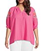 Calessa Plus Size Crinkle Split V-Neck Embroidered Puff Sleeve Tunic - Image 1