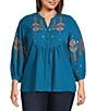 Calessa Plus Size Crinkle Textured Ikat Embroidered Split V-Neck 3/4 Sleeve Button Front Tunic, Color:Turquoise Multi - Image 1