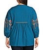 Calessa Plus Size Crinkle Textured Ikat Embroidered Split V-Neck 3/4 Sleeve Button Front Tunic, Color:Turquoise Multi - Image 2