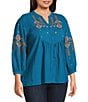 Calessa Plus Size Crinkle Textured Ikat Embroidered Split V-Neck 3/4 Sleeve Button Front Tunic, Color:Turquoise Multi - Image 3