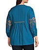 Calessa Plus Size Crinkle Textured Ikat Embroidered Split V-Neck 3/4 Sleeve Button Front Tunic, Color:Turquoise Multi - Image 4