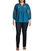 Calessa Plus Size Crinkle Textured Ikat Embroidered Split V-Neck 3/4 Sleeve Button Front Tunic, Color:Turquoise Multi - Image 5