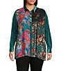 Calessa Plus Size Crinkle Woven Patchwork Point Collar Long Sleeve Button Front Shirt, Color:Emerald Multi - Image 1