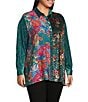 Calessa Plus Size Crinkle Woven Patchwork Point Collar Long Sleeve Button Front Shirt, Color:Emerald Multi - Image 3