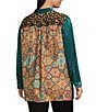 Calessa Plus Size Crinkle Woven Patchwork Point Collar Long Sleeve Button Front Shirt, Color:Emerald Multi - Image 4