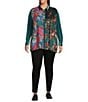 Calessa Plus Size Crinkle Woven Patchwork Point Collar Long Sleeve Button Front Shirt, Color:Emerald Multi - Image 5