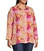 Calessa Plus Size Desert Floral Print Point Collar Long Sleeve Button Front Shirt, Color:Pink Multi - Image 3