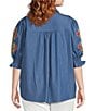 Calessa Plus Size Embroidered 3/4 Sleeve Point Collar Button Front Shirt, Color:Indigo - Image 2