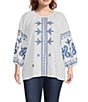 Color:White/Blue - Image 1 - Plus Size Embroidered Crew Neck 3/4 Sleeve Tunic