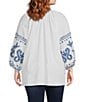 Color:White/Blue - Image 2 - Plus Size Embroidered Crew Neck 3/4 Sleeve Tunic