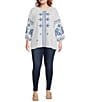 Color:White/Blue - Image 3 - Plus Size Embroidered Crew Neck 3/4 Sleeve Tunic