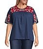 Color:Blue Multi - Image 1 - Plus Size Embroidered Crew Neck Short Sleeve Top