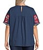 Color:Blue Multi - Image 2 - Plus Size Embroidered Crew Neck Short Sleeve Top