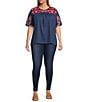 Color:Blue Multi - Image 3 - Plus Size Embroidered Crew Neck Short Sleeve Top